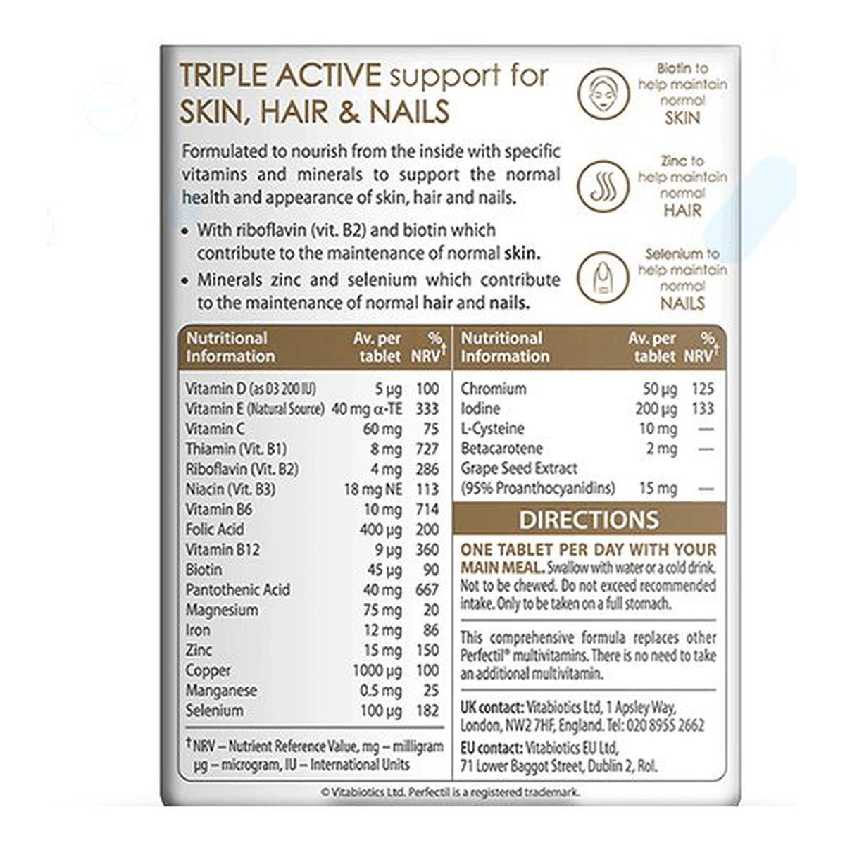 برفكتيل أوريجينال للبشرة والشعر والأظافر Vitabiotics Perfectil Original — 30 قرص