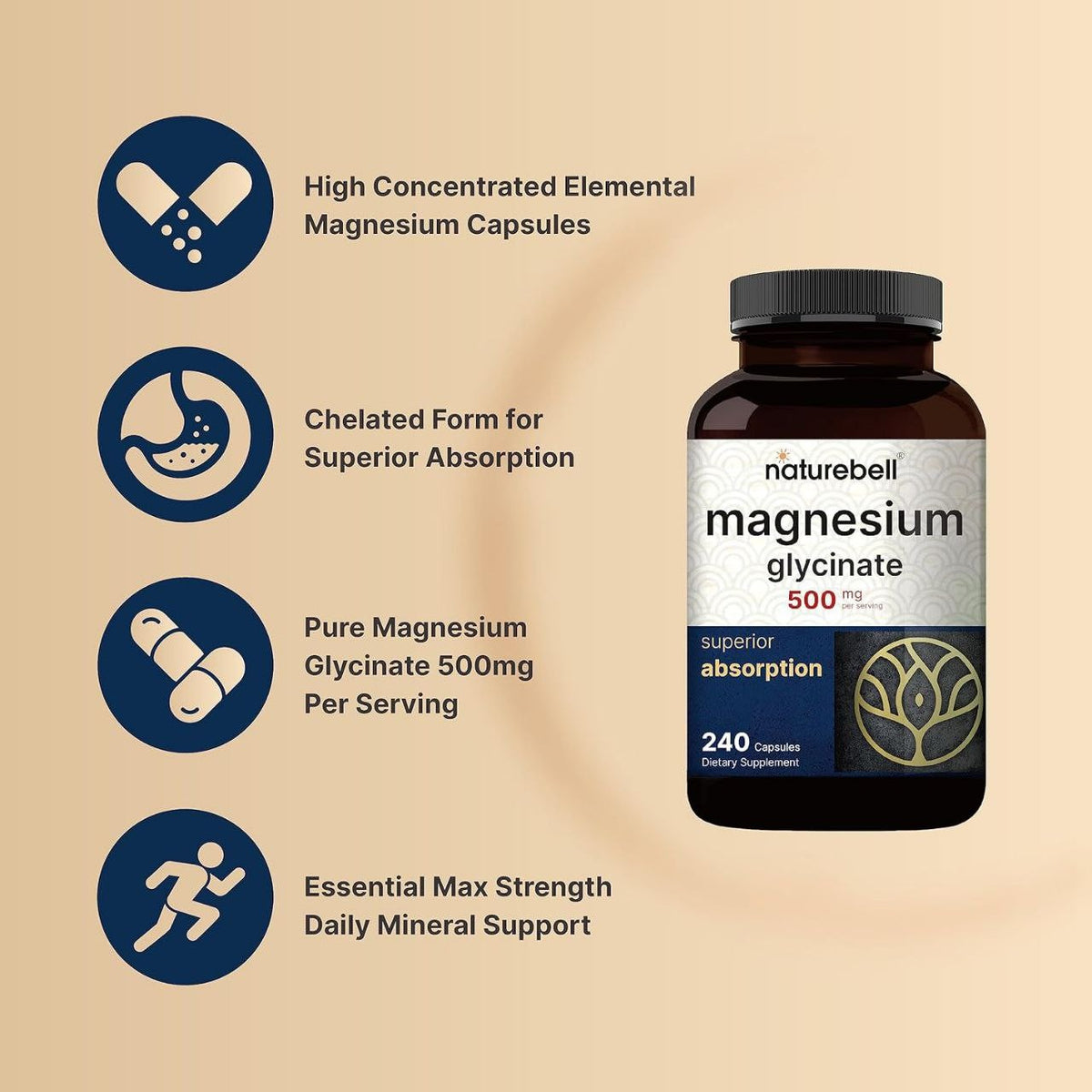مغنيسيوم جليسينات NatureBell Magnesium Glycinate 500 مجم — 240 كبسولة