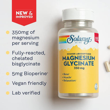 مغنيسيوم جليسينات عالي الامتصاص Solaray Magnesium Glycinate 350 مجم — 120 كبسولة