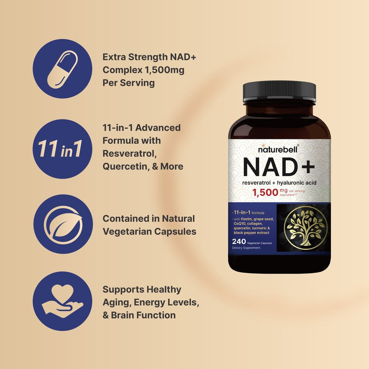 إن إيه دي+ مع ريسفيراترول وحمض الهيالورونيك NatureBell NAD+ Resveratrol + Hyaluronic Acid — 240 كبسولة