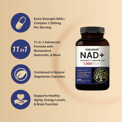 إن إيه دي+ مع ريسفيراترول وحمض الهيالورونيك NatureBell NAD+ Resveratrol + Hyaluronic Acid — 240 كبسولة