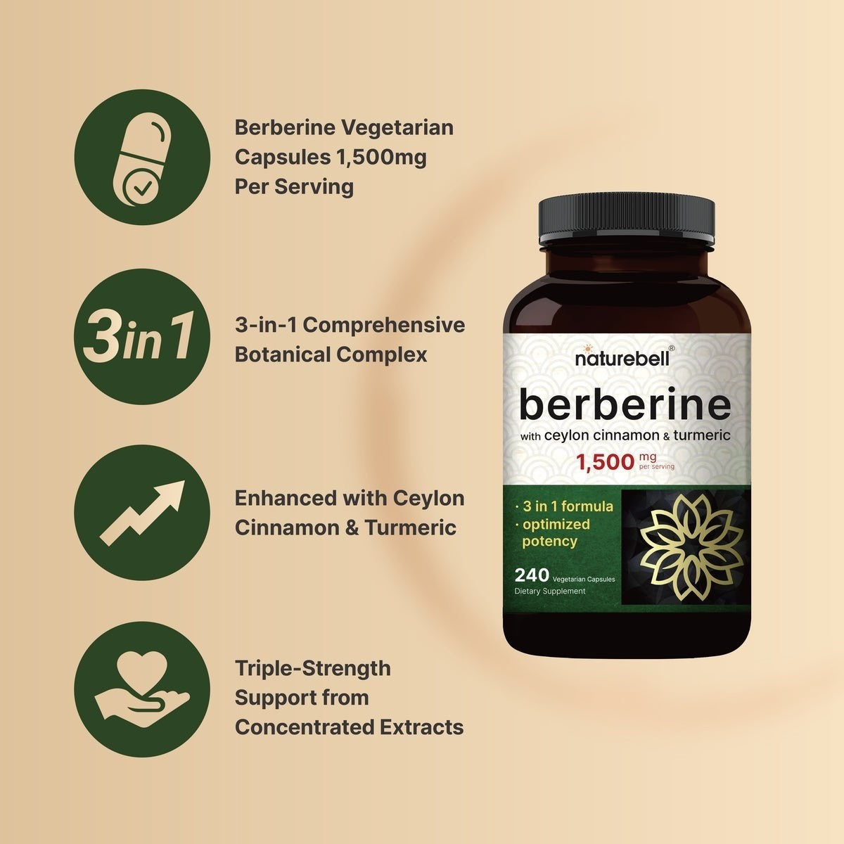 بربرين مع قرفة سيلانية وكركمين NatureBell Berberine + Ceylon Cinnamon + Turmeric — 240 كبسولة