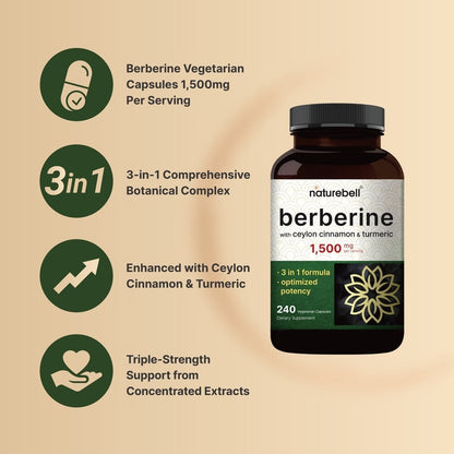 بربرين مع قرفة سيلانية وكركمين NatureBell Berberine + Ceylon Cinnamon + Turmeric — 240 كبسولة