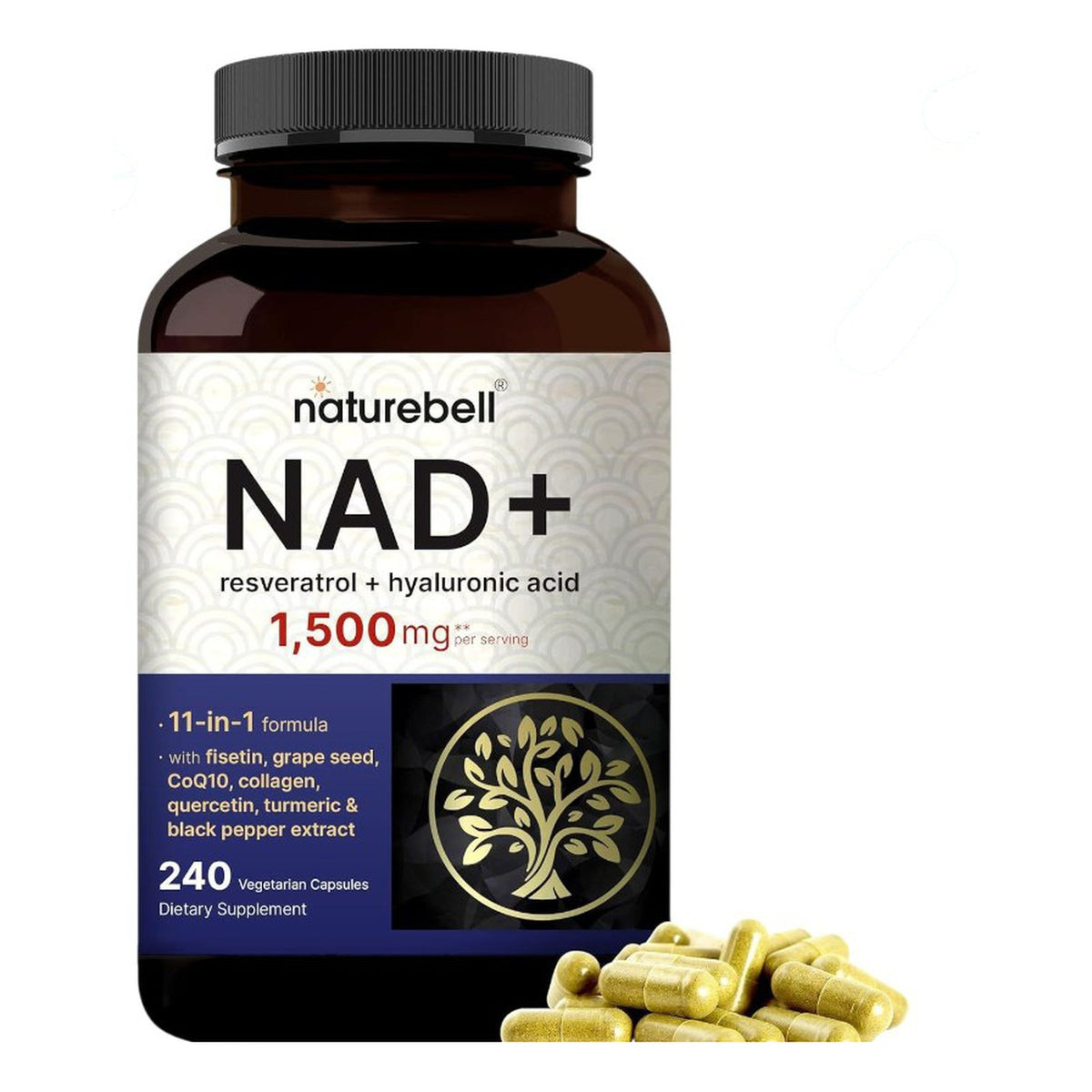 إن إيه دي+ مع ريسفيراترول وحمض الهيالورونيك NatureBell NAD+ Resveratrol + Hyaluronic Acid — 240 كبسولة